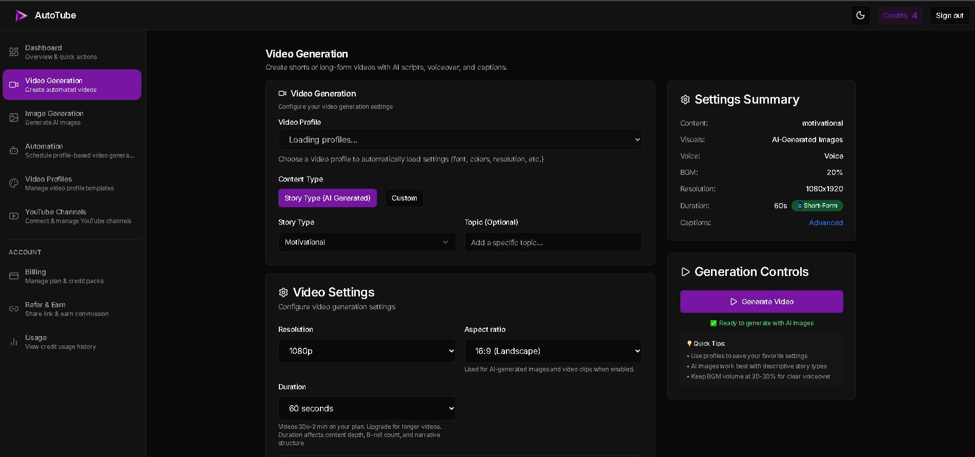 AutoTube dashboard — video generation, AI agents, and channels in one place