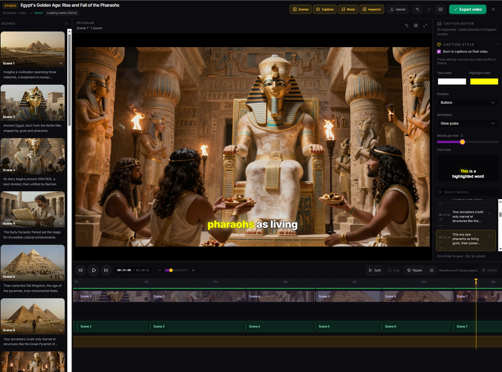 AutoTube scene preview in Studio Mode: review scenes, edit script and images, play voiceover, then apply and generate the final video